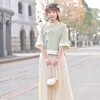 Elbow-sleeve Floral Embroidered Qipao Top / Mesh Overlay Midi A-line Skirt