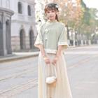 Elbow-sleeve Floral Embroidered Qipao Top / Mesh Overlay Midi A-line Skirt