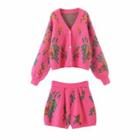 Set: Floral Print Cardigan + Knit Shorts Wine Red - One Size