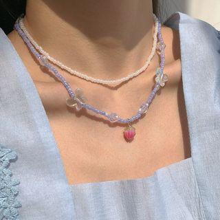 Set: Bead Necklace Purple & White - One Size