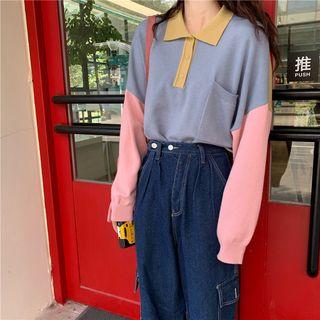 Color Block Polo Collar Sweater As Shown In Figure - One Size