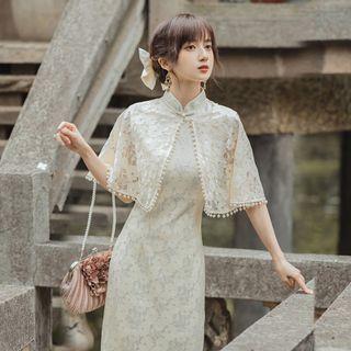 Set: Sleeveless Lace Sheath Dress + Scarf