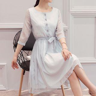 Faux-pearl Button Elbow-sleeve Chiffon Dress