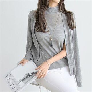 Set: Cardigan + Mock-neck Short-sleeve Knit Top
