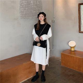 Long-sleeve Plain Shirtdress / Tie-side Knit Vest