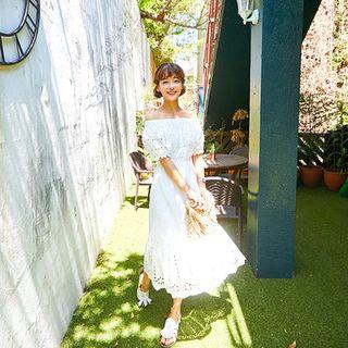 Off-shoulder Perforated A-line Midi Dress