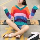 Contrast Color Stripe Ripped Knit Top As Shown In Figure - One Size