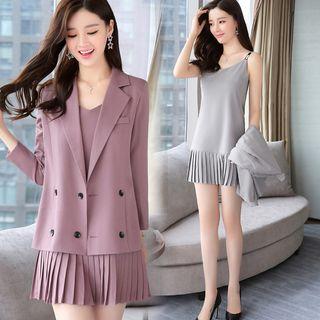Set: Spaghetti-strap Pleated Hem Dress + Double Buttoned Blazer