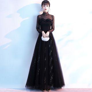 Long-sleeve Glitter A-line Evening Gown