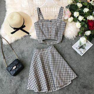 Set: Plaid Cropped Camisole + Plaid Mini A-line Skirt