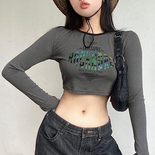 Long-sleeve Crew-neck Lettering Print Crop Top
