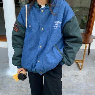 Letter Denim Panel Bomber Jacket Denim Blue - One Size