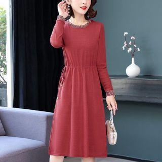 Long-sleeve Print Trim Drawstring A-line Dress
