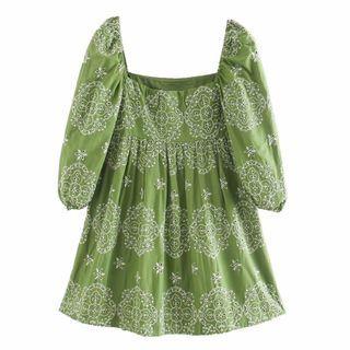 Puff-sleeve Flower Embroidered Mini A-line Dress