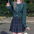 Badge Embroidered Cardigan / Plaid A-line Skirt
