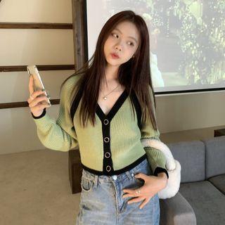 Long-sleeve V-neck Knit Top Green - One Size