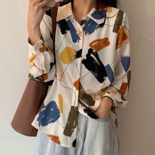 Print Shirt Dark Blue & Coffee & Green Print - Light Yellow - One Size