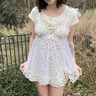V-neck Lace Trim Mesh See-through Spaghetti Strap A-line Dress