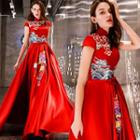 Stand Collar Cap Sleeve Embroidered A-line Evening Gown
