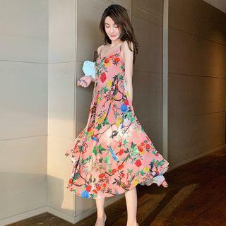 Spaghetti-strap Print Midi A-line Dress