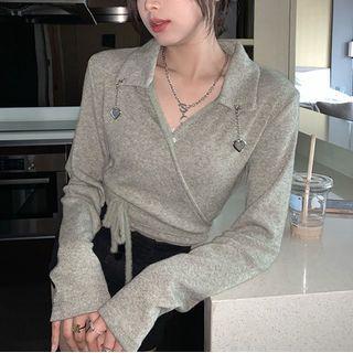 Long-sleeve Collared Heart Chain Crop Top