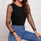 Long-sleeve Crew Neck Dotted Mesh Panel T-shirt