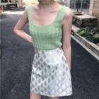 Square-neck Knitted Tank Top / Printed High Waist A-line Skirt