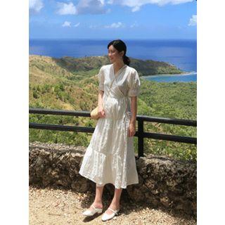 Puff-sleeve Tiered Long Wrap Dress