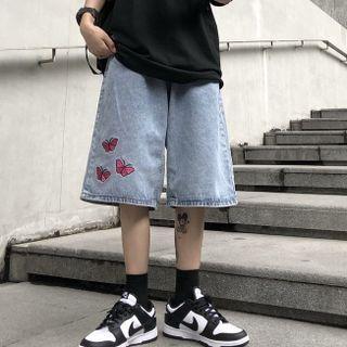 Butterfly Embroidered Straight Cut Denim Shorts