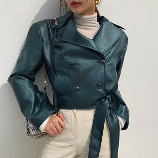 Double-breasted Tie-hem Pleather Jacket