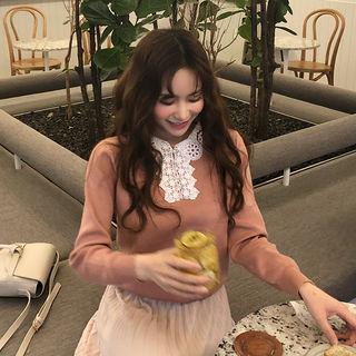 Lace-neckline Lightweight Sweater Pink - One Size