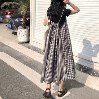 Spaghetti Strap Plaid A-line Midi Dress Plaid - Black & White - One Size
