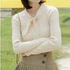 Long-sleeve Tie-neck Plain Knit Top Almond - One Size