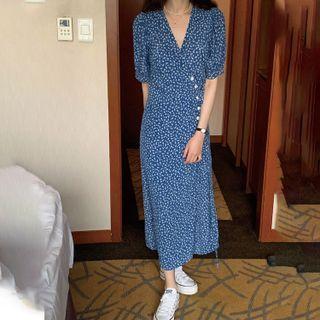 Short-sleeve V-neck Floral Drawstring Dress