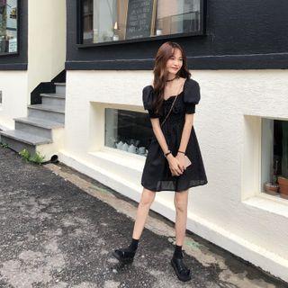 Balloon-sleeve Dotted A-line Dress Dotted - Black & White - One Size