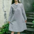 Frog-buttoned Long-sleeve Striped A-line Dress