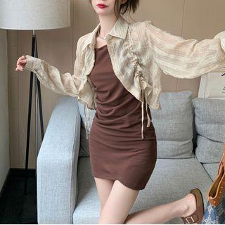 Long-sleeve Drawstring Cropped Shirt / Spaghetti Strap Plain Mini Dress
