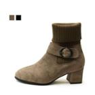 Knit-panel Buckled Suede Boots