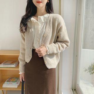 Ruffle Long-sleeve Loose-fit Blouse / Plain High-waist Skirt