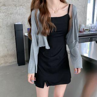 Long-sleeve Cropped Button-up T-shirt / Spaghetti Strap Mini Sheath Dress