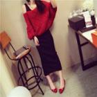 Set: Sleeveless Midi Knit Dress + Perforated Sweater Set - Midi Dress - Black - One Size / Sweater - Red - One Size