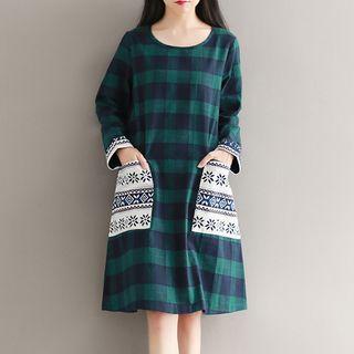 Printed Panel Plaid Long Sleeve Dress