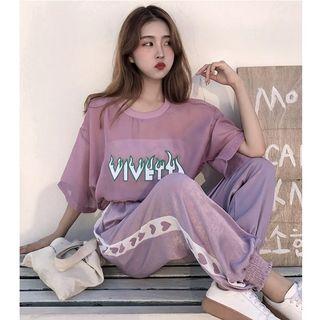 Set: Lettering See-through T-shirt + Heart Print Sweatpants