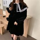 Long-sleeve Velvet Collar Mini Dress Black - One Size