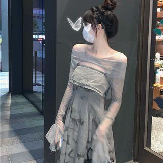 Set: Long-sleeve Off-shoulder Crop Top + Strapless Midi A-line Dress