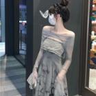 Set: Long-sleeve Off-shoulder Crop Top + Strapless Midi A-line Dress
