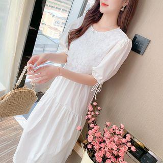 Puff-sleeve Panel Plain Dress
