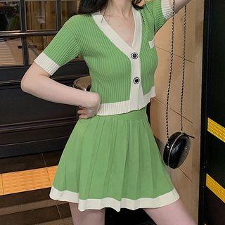 Set: Contrast Trim V-neck Short-sleeve Cardigan + Mini Pleated Skirt