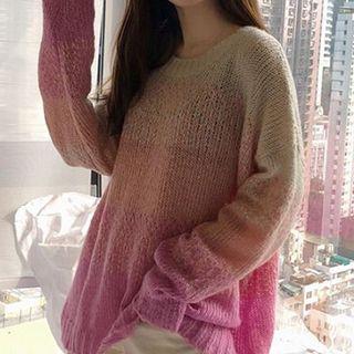 Color-block Crewneck Long-sleeve Knit Top Pink - One Size