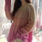 Color-block Crewneck Long-sleeve Knit Top Pink - One Size